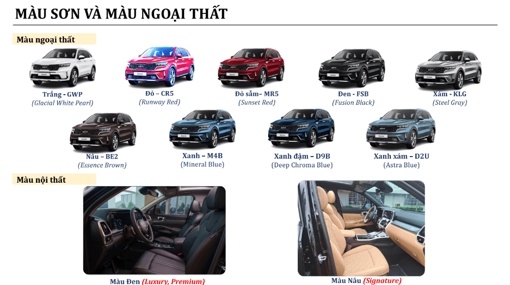 kia sorento màu sơn và màu nội thất