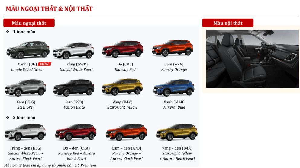 màu ngoại thất và nội thất kia new seltos