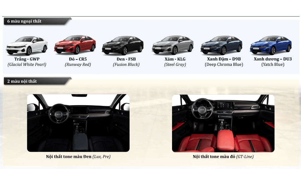 màu xe và màu nội thất kia k5